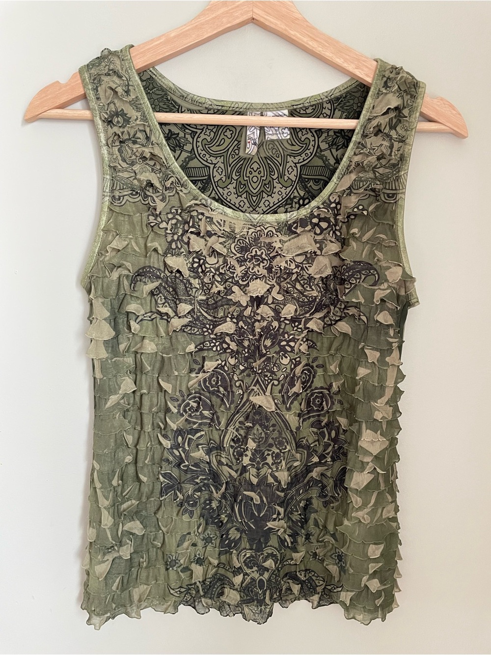 Sami + Jo Green Ruffled Paisely Tank Top Small Y2K Fairycore Boho Cottagecore - Picture 2 of 8